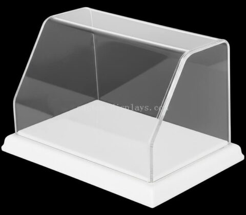 Espositore frontale inclinato in acrilico trasparente personalizzato con base bianca