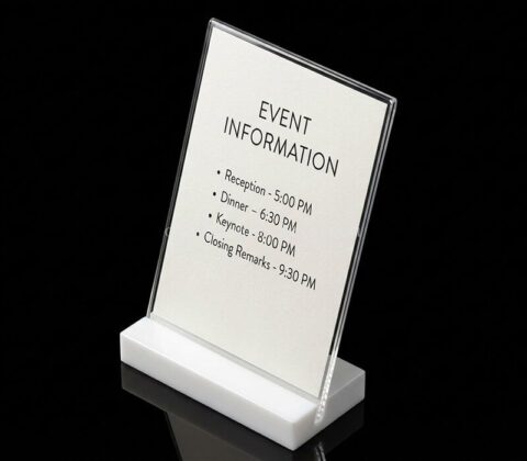 Portacarteles acrílico inclinado de tamaño personalizado con base blanca