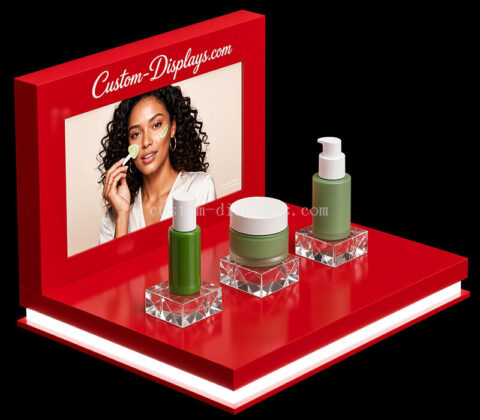 Expositor de mostrador personalizado para productos de cuidado de la piel con LED rojos
